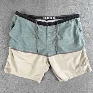 Katin Board Shorts Mens 36 Beige Green Colorblock Swim Trunks Unlined Surf Swim